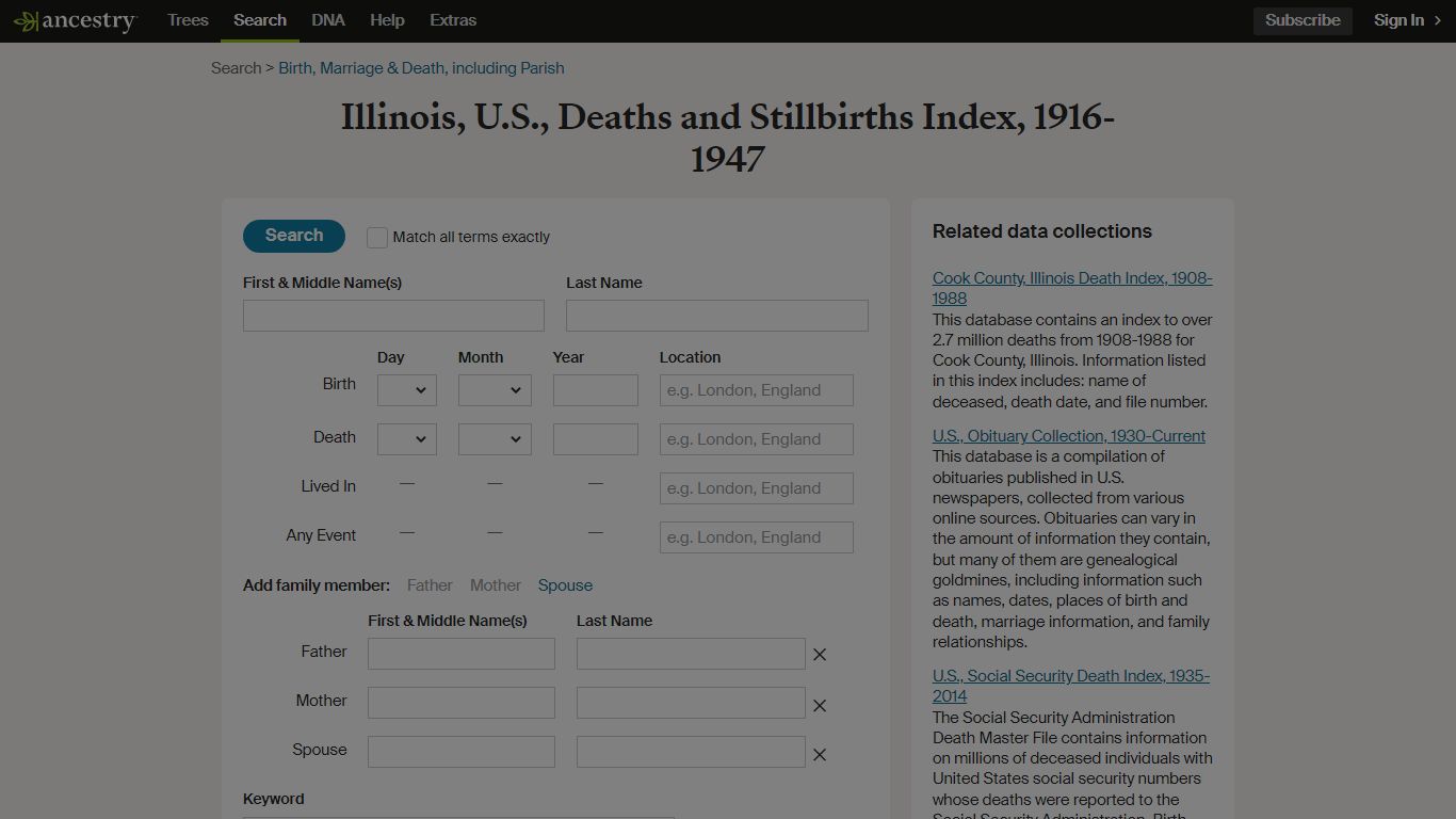 Illinois, U.S., Deaths and Stillbirths Index, 1916-1947